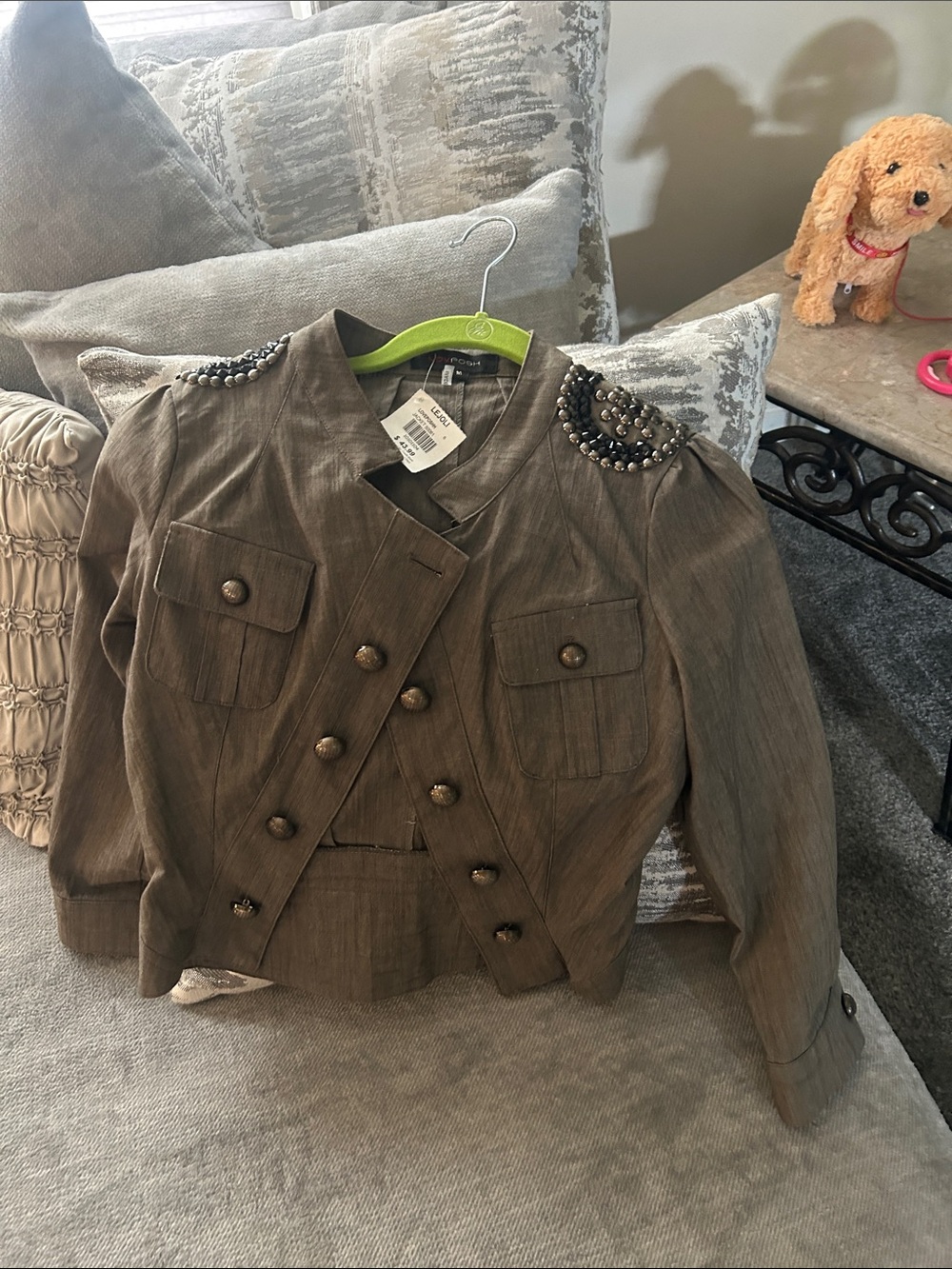 Beaded Shoulder Military-Style Women's Jacket - Taupe